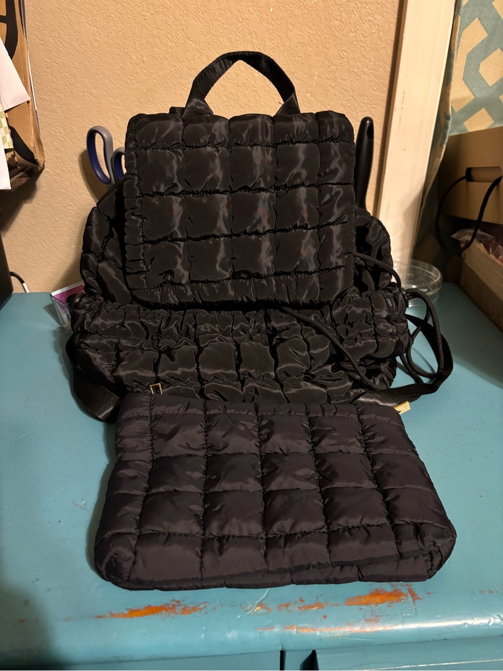 Puffer Backpack and Small Puffer Clutch